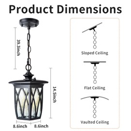 JYZ Dusk to Dawn Outdoor Pendant Lantern, 15 Inch Craftsman Style Large Exterior Hanging Light with Water Ripple Glass, Traditional Outdoor Chandelier for Front Porch Gazebo Patio Garden