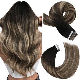 Moresoo Tape Extensions Real Hair Ombre Black Remy Extensions Real Hair Tape Skin Weft Balayage Hair Extension Real Hair Tape Black to Dark Brown with Caramel Blonde 20 Wefts 50 g 50 cm