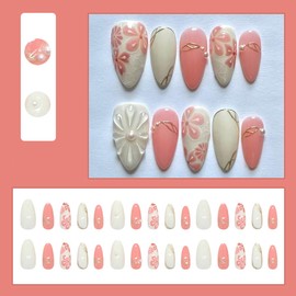 24 Pcs White Pink Press on Nails Short Almond Nail Tips,YEFIUO Acrylic Nail Kit Fake Nails Press ons Glue on Nails Artificial French False Nails Flowers Pearl Gilded Stick on Nail Art Design for Women