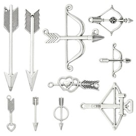Ornazy 60 pcs 10 Styles Antique Silver Bow and Arrow Charms Pendant Tibetan Archery Charms for DIY Bracelets Necklace Jewellery Making Craft Wholesale