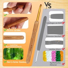 Aeeque Crochet Hook Set with Ergonomic Wooden Handle, 9 Pieces Bamboo Crochet Hooks 2.0 mm - 6.0 mm, Practical Crochet Hook Set for Beginners, Arthritis, Light Crochet Hooks Set for Scarf, Socks,