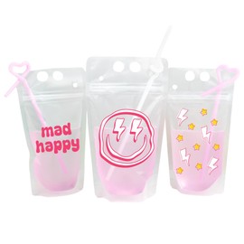 Pretty Robes Pink Mad Happy Reusable Preppy Favor Drink Pouches with Straw Spill-Proof Refillable Drink with Lightning Smiley Face & Star Designs Set of 15