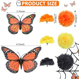 80 Pcs Artificial Marigold Flowers Monarch Butterfly Decorations Kit Dia De Los Muertos Decor Day of The Dead Decorations Include 20 Fake Butterflies for Crafts 60 Marigold Flowers for Diwali Mexican
