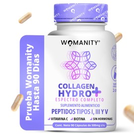 Colágeno Hidrolizado con Biotina | Péptidos Tipo I, III y V | 100% Puro Con Vitamina C | 90 Cápsulas | Sin Rellenos ni Hormonas | Formulado por Doctoras | Womanity: Prueba hasta 90 días