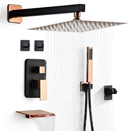 LCEVCGK Shower Faucet Set with Tub Spout, Matte Black and Rose Gold Rainfall Shower System Complete Wall Mounted for Bathroom with 12 Inch Square Shower Head and Handheld Shower Head Rain Mixer Combo