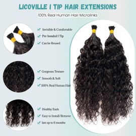 LIcoville Water Wave I Tip Hair Extensions Human Hair, 18 Inch Natural Black Curly I Tip Extensions Real Human Hair 50 Strands 50Grams Cold Fusion I Tips Water Wave Keratin Extensions for Black Women