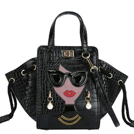 Novelty Unique 3D Lady Face PU Leather Top Handle Satchel Handbags for Women Funky Tote Purse Hobo Crossbody Shoulder bags (Crocodile Black)
