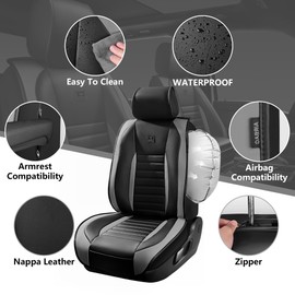 CAR PASS Nappa Leather Car Seat Covers Front Seats, Luxury Seat Protector for Cars, Waterproof Anti-Slip Seat Cushion Armrest Compatible Airbag Universal for SUV Pick-up Truck Automotive, Black Gray