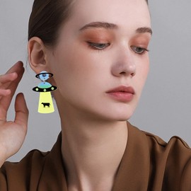 KaFu Unique Cute UFO Spaceship Alien Acrylic Dangle Earrings Funny Cartoon Acrylic Resin Lightweight UFO Airship Drop Earrings for Women Jewelry (yellow)
