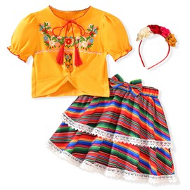 HIHA Little Girls Mexican Embroidered Outfit Kids Cinco De Mayo Clothes Floral Twist Front Crop Tops Lace Skirt Set Yellow 7-8 Years