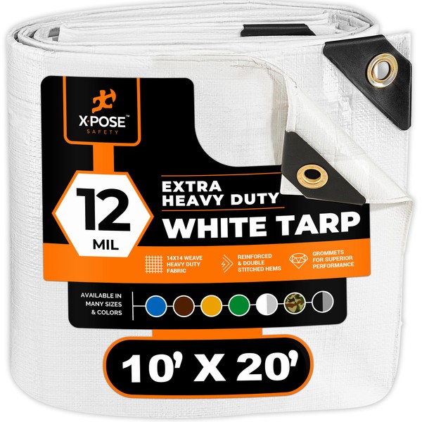 Heavy Duty White Poly Tarp 10' x 20' Multipurpose Protective Cover - Durable, Waterproof, Weather Proof, Rip and Tear Resistant - Extra Thick 12 Mil Polyethylene - by Xpose Safety