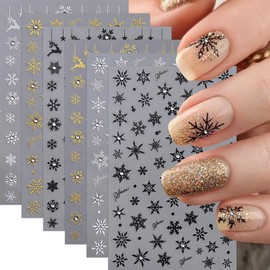 6PCS Christmas Snowflake Nail Stickers 3D Self-Adhesive Nail Decals with Diamonds Snowflake Nail Design Black White Gold Crystal Snowflake Nail Stickers for Women Winter Holiday Manicure Decorations