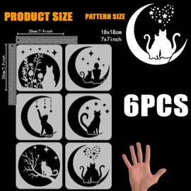 FINGERINSPIRE Pack of 6 Moon Cats Painting Stencil 20 x 20 cm Cat Silhouette Stencil Flower Stencil Girls Stars Stencil Cat Pattern Animal Theme Template for Painting on Wooden Walls
