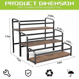 3-Tier Coffee Syrup Rack for Countertop, Large Capacity 12-Bottles Syrup Stand with Wood Shelf & Metal Frame for Coffee Bar, Premium Black Coffee Organizer Station/Wine Rack for Kitchen Storage