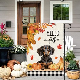 DLZDN Hello Fall Dog Garden Flag Dachshund Dog Pumpkins Flag 12×18 Inch Double Side Buffalo Plaid Farmhouse Yard Sign Autumn Seasonal Outdoor House Decoration