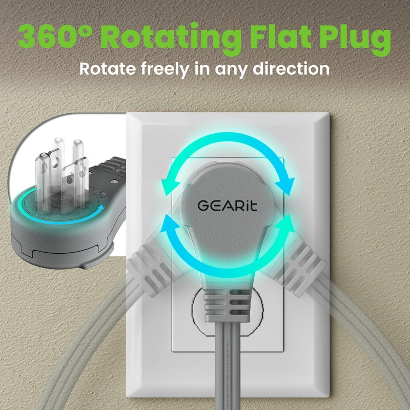 GEARit 360 Rotating Flat Plug Extension Cord with 3 Outlets