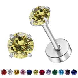 Natural Birthstone Stud Earrings for Women Teen Girls, Small 3mm CZ Stud Flat Back Earrings, Screw Back Tiny Earrings Studs, Cartilage/Tragus/Second Hole Earrings (Silver, 8.Aug-Peridot)