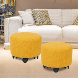 Joveco Set of 2 Round Ottoman with Rolling Wheels, Small Footrest Padded Seat Footstool for Living Room Bedroom Office, Yellow