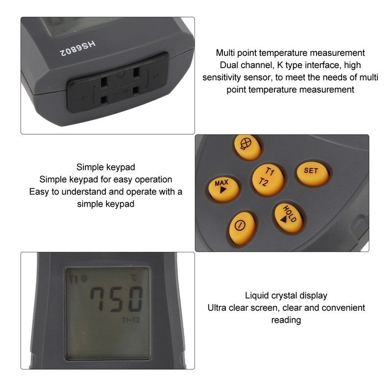 HS6802 Dual Channel Digital Thermometer Handheld High Accuracy LCD Display