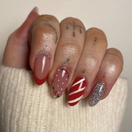 Christmas Press on Nails Medium Almond Fake Nails With Glitter Designs Xmas Red Full Cover False Nails Acrylic Glue on Nails Winter Red French Tip Artificial Nails for Women Stick on Nails 24 Pcs