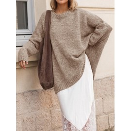 Saodimallsu Womens Oversized Tunic Sweaters Crew Neck Long Sleeve Fall Casual Slouchy Knit Pullover Tops Khaki