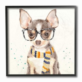 The Stupell Home Décor Collection Hipster Chihuahua Puppy with Glasses and Scarf Watercolor Framed Giclee Texturized Art, 12 x 12, Multi-Color