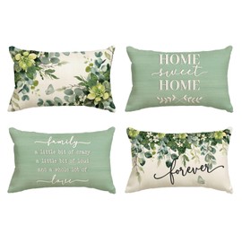 AVOIN colorlife Home Sweet Home Eucalyptus Leaves Throw Pillow Covers, 12 x 20 Inch Seasonal Spring Summer Motto Green Cushion Case for Sofa Couch Set of 4
