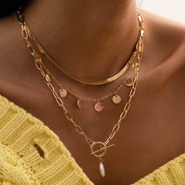 Octwine Silver Gold Sequins Layered Choker Necklaces for Women Simple Layering Bar Pearls Chunky Stacked Pendant Necklace for Women Teen Girls (Gold)