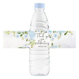 URROMA 50Pcs Blue Floral Wedding Water Bottle Labels Flowers Pattern Bottle Stickers Drinks Wrappers for Bridal Shower Party Favors Decor Supplies