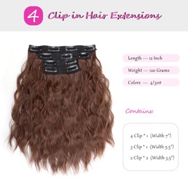 KGBFASS Highlights Hair Extensions 4Pcs Clip in Hair Extensions 12 Inch Wavy Black Brown Thick Hairpieces Fiber Hair for Women - 120g, Black Brown