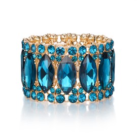 BriLove Wedding Bridal Bracelet for Brides, Crystal Double Row Rhinestones Marquise Cluster Stretch Bangle Bracelet for Women Blue Topaz Silver-Tone