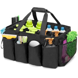 HODRANT Extra-Large Cleaning Caddy, Organizer with Handles for Cleaning Tools & Products Storage, Large Capacity Tote Bag for Car, Home & Housekeeping Work, Black