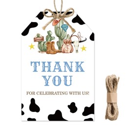BOBYIYI 50pcs Cowboy Thank You Tags Western Gift Tags Wild West Gift Tag with String for First Rodeo Birthday Party Western Gender Reveal Party Favors Baby Shower