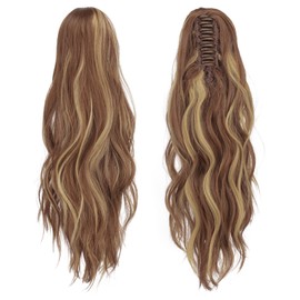 FESHFEN Gewellt Pferdeschwanz Haarteil mit Klammer, 50cm Pferdeschwanz Zopf Extensions Claw Clip in Wavy Ponytail Extension Synthetik Haarverlängerung für Frauen Damen Braun und Blond