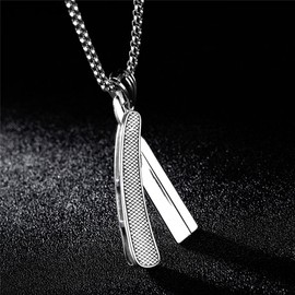 SINLEO Mens Stainless Steel Straight Razor Shaver Pendant Charm Blade Necklace with 24 Inch Chain Silver