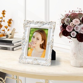 4x6 Vintage Picture Frame, Ornate Textured Hand-Crafted Resin Antique Photo Frame with HD-Tempered Glass Tabletop & Wall Display, Decorative Floral Design Home Décor, Art, Wedding, White & Gold