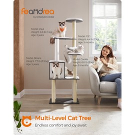 Feandrea WoodyWonders Cat Tree, 65-Inch Modern Cat Tower for Indoor Cats, Multi-Level Cat Condo with 5 Scratching Posts, Perch, Washable Removable Cushions, Cat Furniture, Misty Gray UPCT166G03