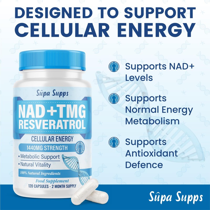 NAD+ TMG, Resveratrol -120 Capsules, 60 Day Supply, Cellular Energy