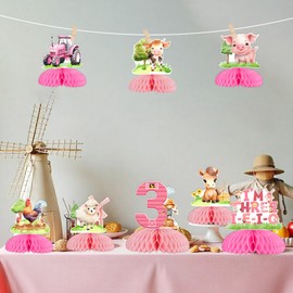 kreat4joy Farm Animal 3rd Birthday Party Decoration Girl, Three i e i o Farm Party Decoration Pink Table Honeycomb Centerpiece Double-Sided Printing for Barn Animal 3rd Third Birthday Supplies