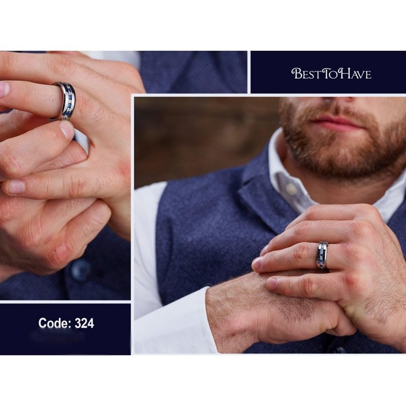 BESTTOHAVE Mens Titanium Ring With Blue Sapphire CZ Classic Wedding