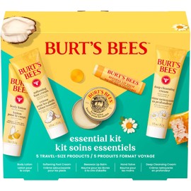 Burt's Bees Ideas de regalos para el día de la madre: set esencial para el día a día, 5 productos de tamaño de viaje, crema de limpieza profunda, bálsamo de manos, loción corporal, crema para pies y bálsamo labial original