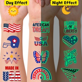 4th of July Temporary Tattoos Luminous 4th of July Decorations Favors Party Supplies Accessories American USA Independence Day Memorial Labor Day Fourth of July Red White Blue Glow in Dark Patriotic
