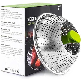 BetterJonny Foldable Vegetable Steamer Basket Stainless Steel Adjustable Steamer Insert Steamer Insert with Anti-Hot Extendable Handle Non-Slip Legs (14 cm to 24 cm)