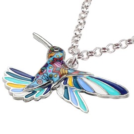 BONSNY Enamel Alloy Chain Hummingbird Bird Necklace Pendant Original Design for Women Kids Charms Gifts (Navy)