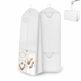 Voyboced 71" Long Wedding Dress Garment Bag with 10" Gusset, Bridal Gown Storage Cover with 4 Pockets, Foldable with 2 Handles, Dress Bag for Women Gowns,Prom,Ballgowns (A-White)