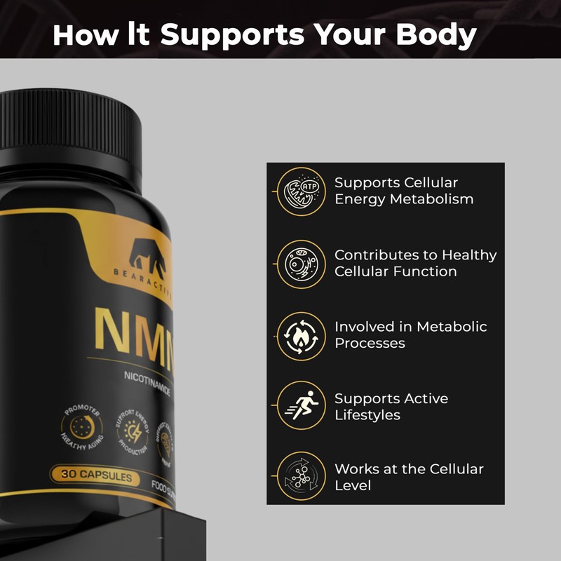 Bearactive NAD+ Nicotinamide 500mg, 30 Capsules – Supports Anti-Aging, Energy,