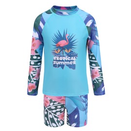 Aisyee Girls Two Piece Rash Guard Swimsuits Set with Swim Kids Long Sleeve Bathing Suit Swimwear Set Tropical Flamingo Size 6/6x