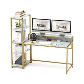 Teraves Computer Desk with 5 Tier Shelves,Reversible Writing Desk with Storage 49 Inch Study Table for Home Office Independent Bookcase and Desk for Multiple Scenes (White Marbling+ Gold Frame)