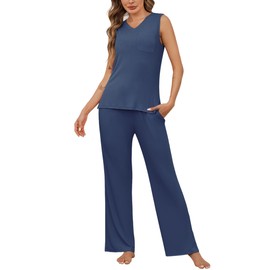 Marvmys Women's Pajamas Sets V Neck Sleeveless Tank Tops and Elastic Waist Loose wide Leg Pants Sleepwear Sets with Pocket Navy Blue M