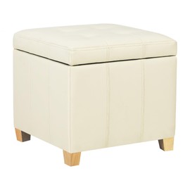 Adeco Faux Leather Storage Ottoman with Hinged Lid, 14 Inch High Cream White Square Cube Foot Stool with Storage, Upholstered Vanity Stool with Solid Wood Legs for Living Room, Bedroom, Dorm
